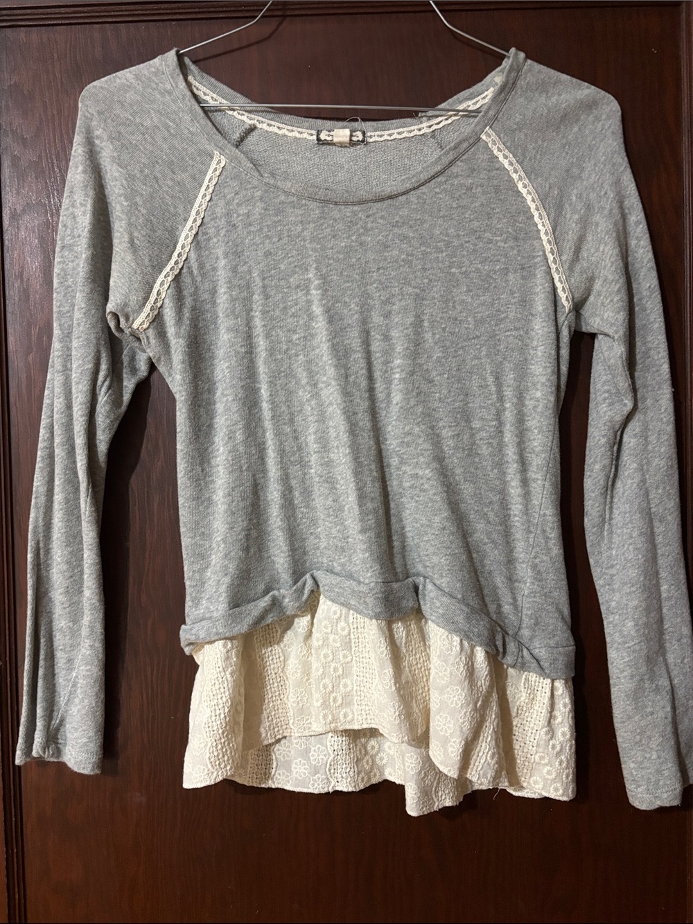 Long Sleeve Gray Peplum Top with Cream Lace Hem